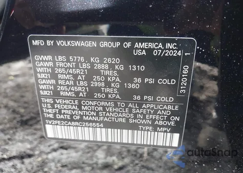 2024 Volkswagen Atlas Cross Sport 2.0T Sel Premium R-Line из США, поврежденный, VIN 1V2FE2CA8RC256554